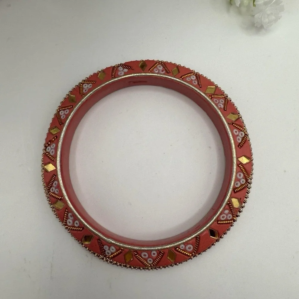 Vintage‎ India Bangle Bracelet Coral Beaded Gold Boho Ethnic Statement Jewelry